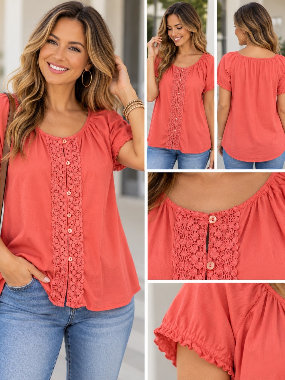 G.H. Bass & Co. Coral Crochet-Front Short Sleeve Blouse